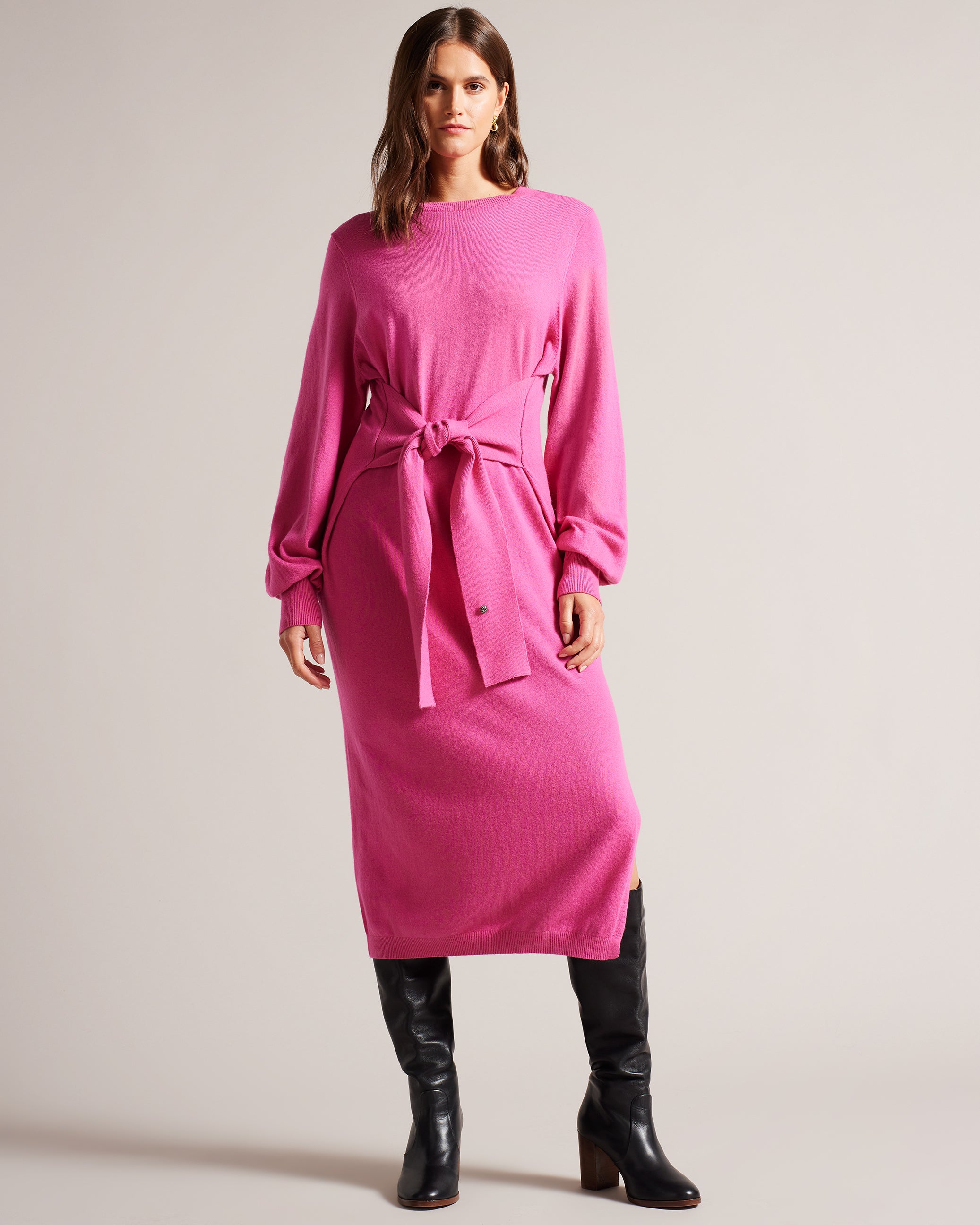 Essya Slouchy Tie Front Midi Knit Dress Brt-Pink