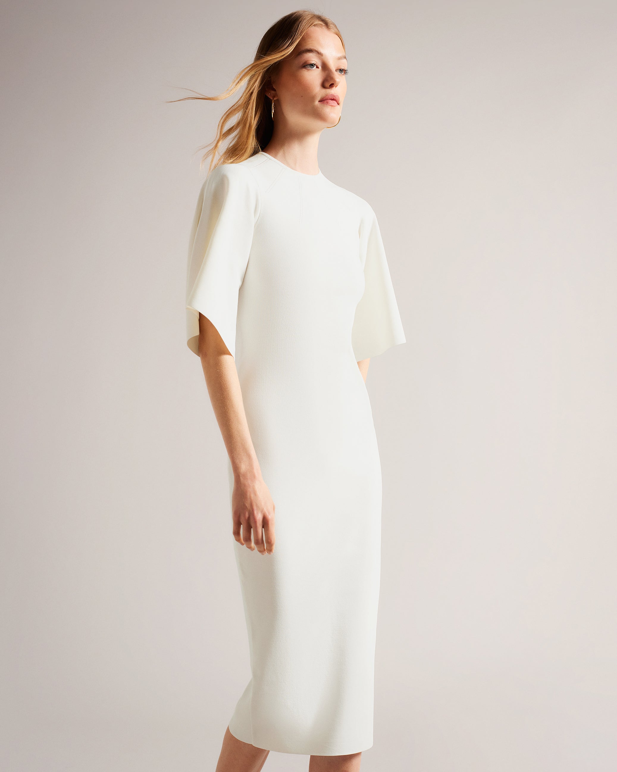 Lounia Fluted Sleeve Knitted Bodycon Midi Dress White