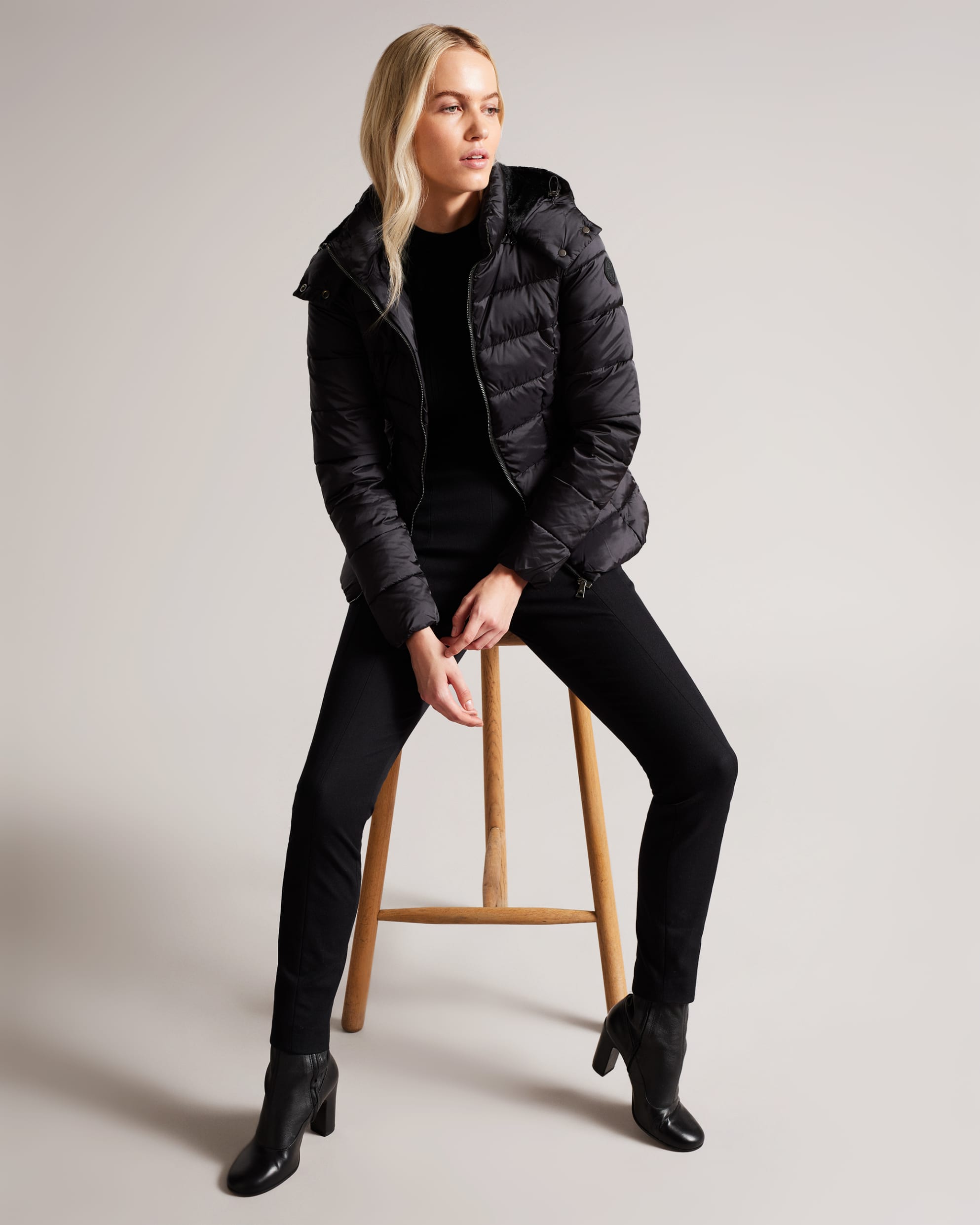 Abbiiee Belted Padded Coat With Detachable Hood Black