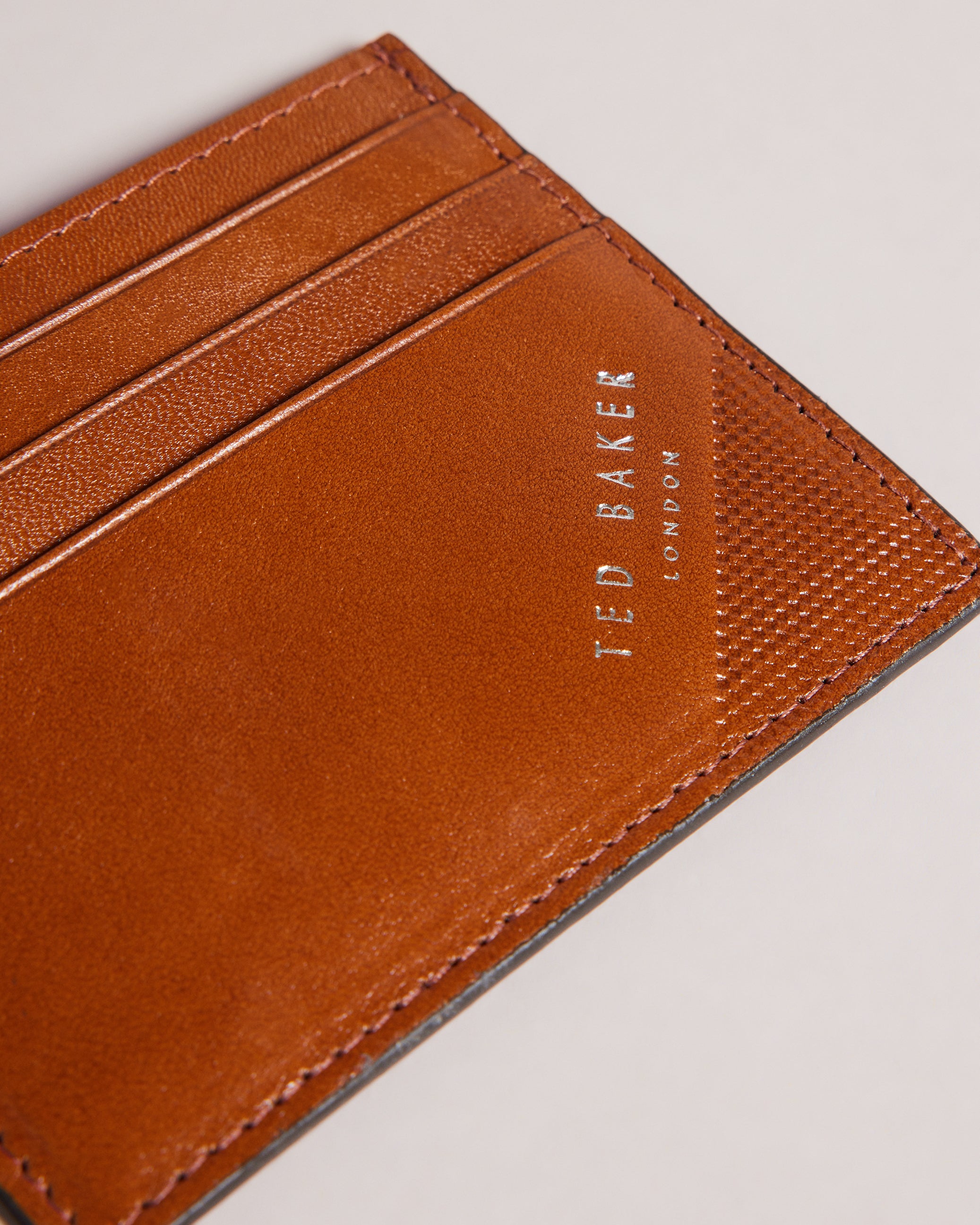 Raffle Embossed Corner Leather Card Holder Tan