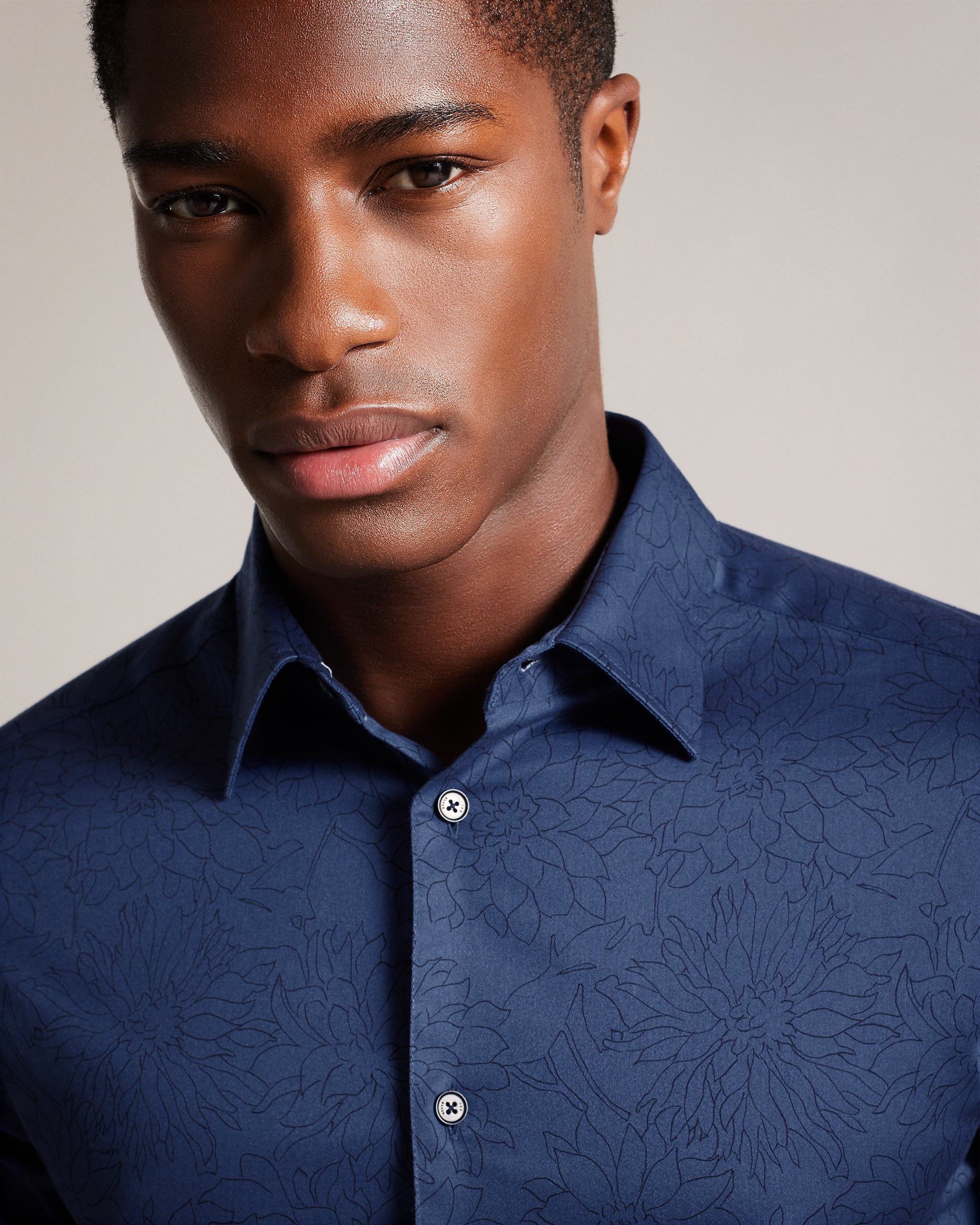 Neale Long Sleeve Floral Outline Print Shirt Navy